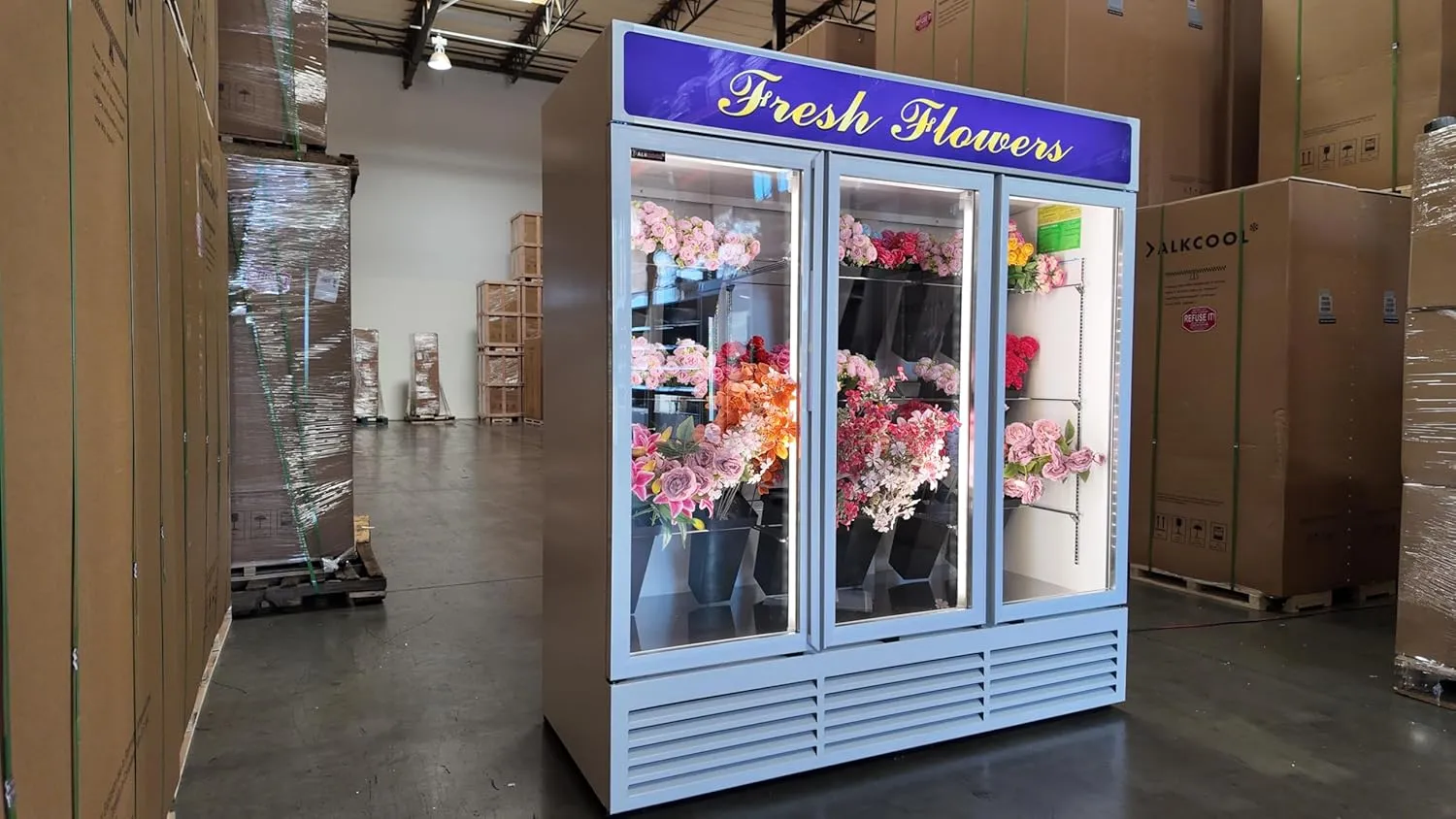 Commercial Flower Refrigerator Floral Display Cooler,White 3 Glass Doors Floral Fridge With LED Light Adjustable Shelves,ETL &NSF Approval,71"Wide,63.5 Cuft, Floral Buckets & Wheels Not Included