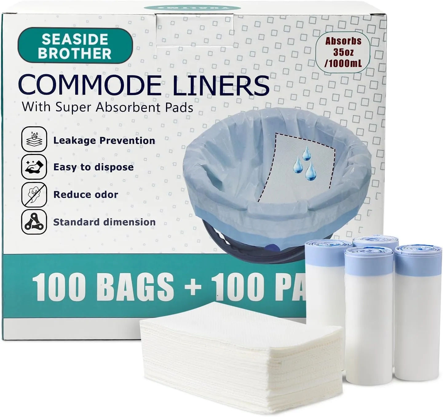 Commode Liners with Absorbent Pads, 100 PCS Bedside Commode Liners and 100 PCS Commode Pads, Toilet Liners Pads Absorb up to 35 oz, Commode Bags Universal Fit All Standard Toilet Chair Bucket