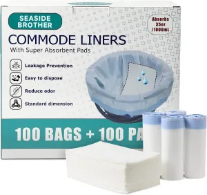 Commode Liners with Absorbent Pads, 100 PCS Bedside Commode Liners and 100 PCS Commode Pads, Toilet Liners Pads Absorb up to 35 oz, Commode Bags Universal Fit All Standard Toilet Chair Bucket