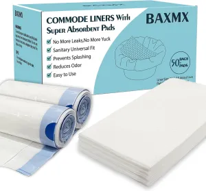 Commode Liners with Absorbent Pads(Pack of 50) - Bedside Commode Liners for Commode Bucket - Disposable Commode Bags for Adults, Portable & Leak-Proof Potty Chair Liners (50Bags 50Pads)
