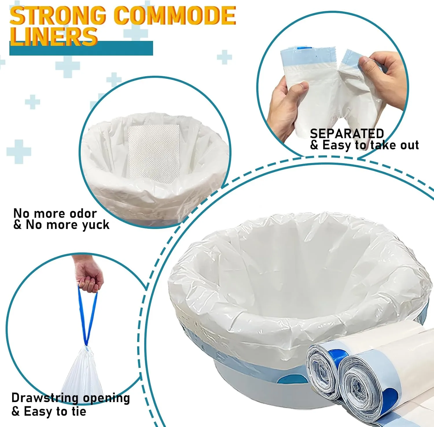 Commode Liners with Absorbent Pads(Pack of 50) - Bedside Commode Liners for Commode Bucket - Disposable Commode Bags for Adults, Portable & Leak-Proof Potty Chair Liners (50Bags 50Pads)