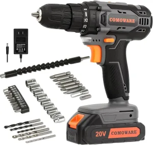 COMOWARE Cordless Drill Set, 20V Electric Power Drill Set,1 Battery & Charger, 3/8" Keyless Chuck, 2 Variable Speed, 266 In-lb Torque, 25 1 Position, Orange
