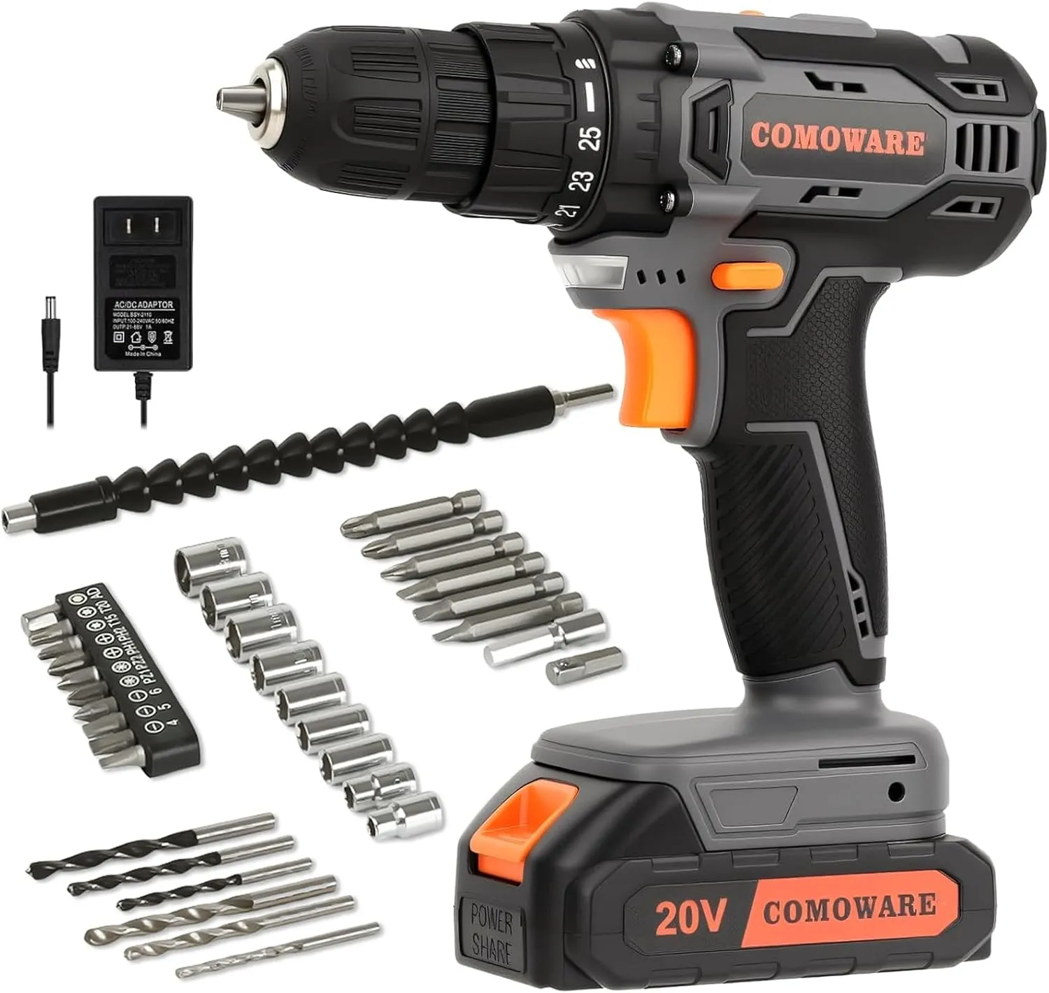 COMOWARE Cordless Drill Set, 20V Electric Power Drill Set,1 Battery & Charger, 3/8" Keyless Chuck, 2 Variable Speed, 266 In-lb Torque, 25 1 Position, Orange