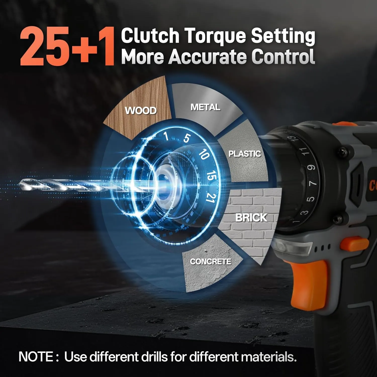 COMOWARE Cordless Drill Set, 20V Electric Power Drill Set,1 Battery & Charger, 3/8" Keyless Chuck, 2 Variable Speed, 266 In-lb Torque, 25 1 Position, Orange