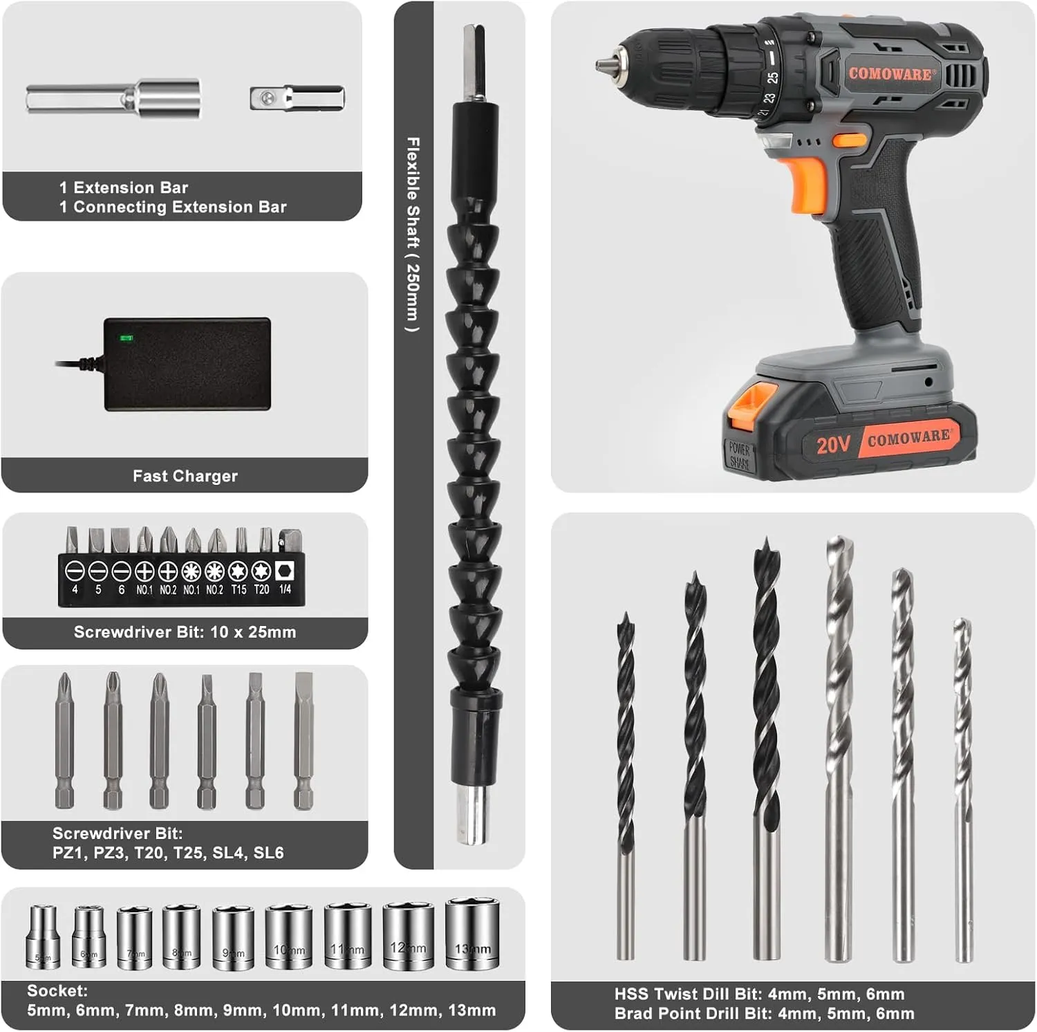 COMOWARE Cordless Drill Set, 20V Electric Power Drill Set,1 Battery & Charger, 3/8" Keyless Chuck, 2 Variable Speed, 266 In-lb Torque, 25 1 Position, Orange