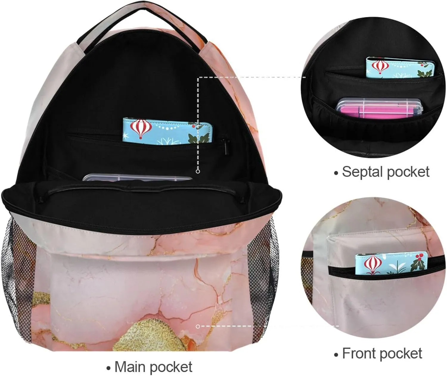 Cool Backpacks for Men and Women Fashion Personal Backpack with Chest Strap for College Work Marble Blush White