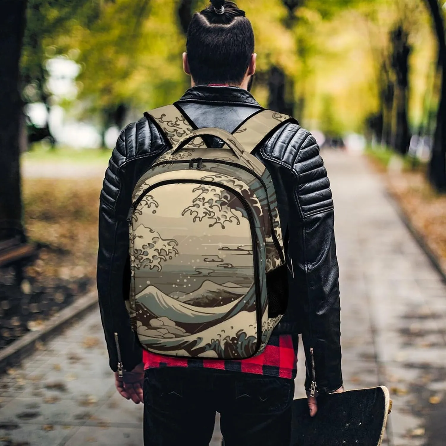 Cool Japanese Wave Laptop Backpack Vintage Travel Bags Daypack Durable Work Camping Hiking Back Packs for Women Men