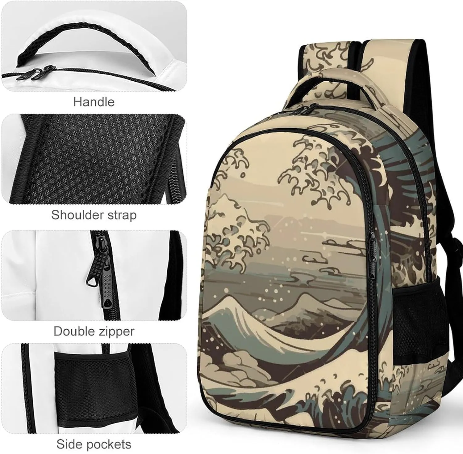 Cool Japanese Wave Laptop Backpack Vintage Travel Bags Daypack Durable Work Camping Hiking Back Packs for Women Men