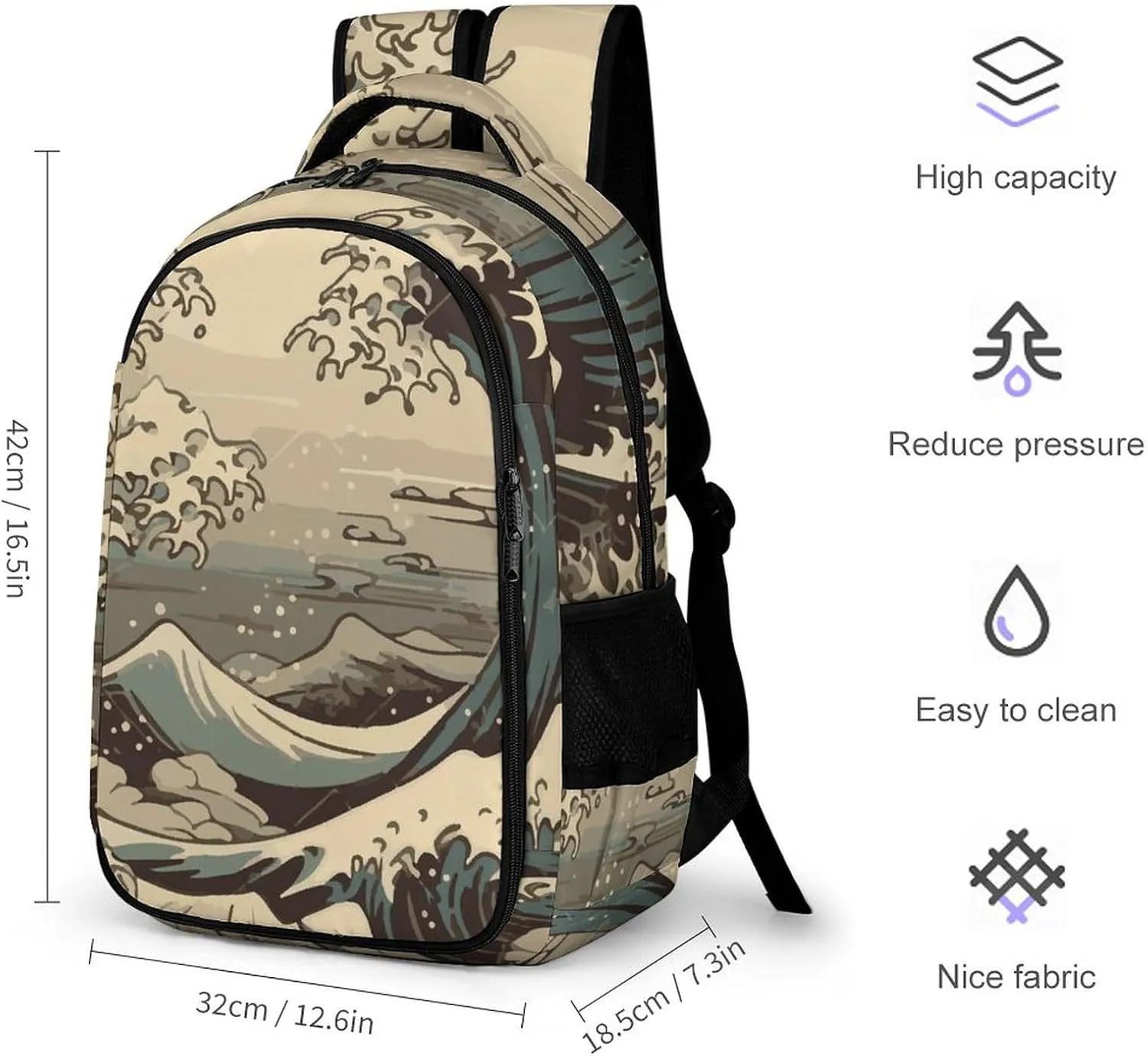 Cool Japanese Wave Laptop Backpack Vintage Travel Bags Daypack Durable Work Camping Hiking Back Packs for Women Men