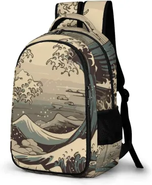 Cool Japanese Wave Laptop Backpack Vintage Travel Bags Daypack Durable Work Camping Hiking Back Packs for Women Men