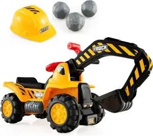 Costzon Ride on Excavator, Kids Excavator Digger Bulldozer W/Safety Helmet, 3 Rocks, Horn, Under-seat Storage, Construction Vehicles for Kids, Ride on Toys for Boys Girls Toddlers