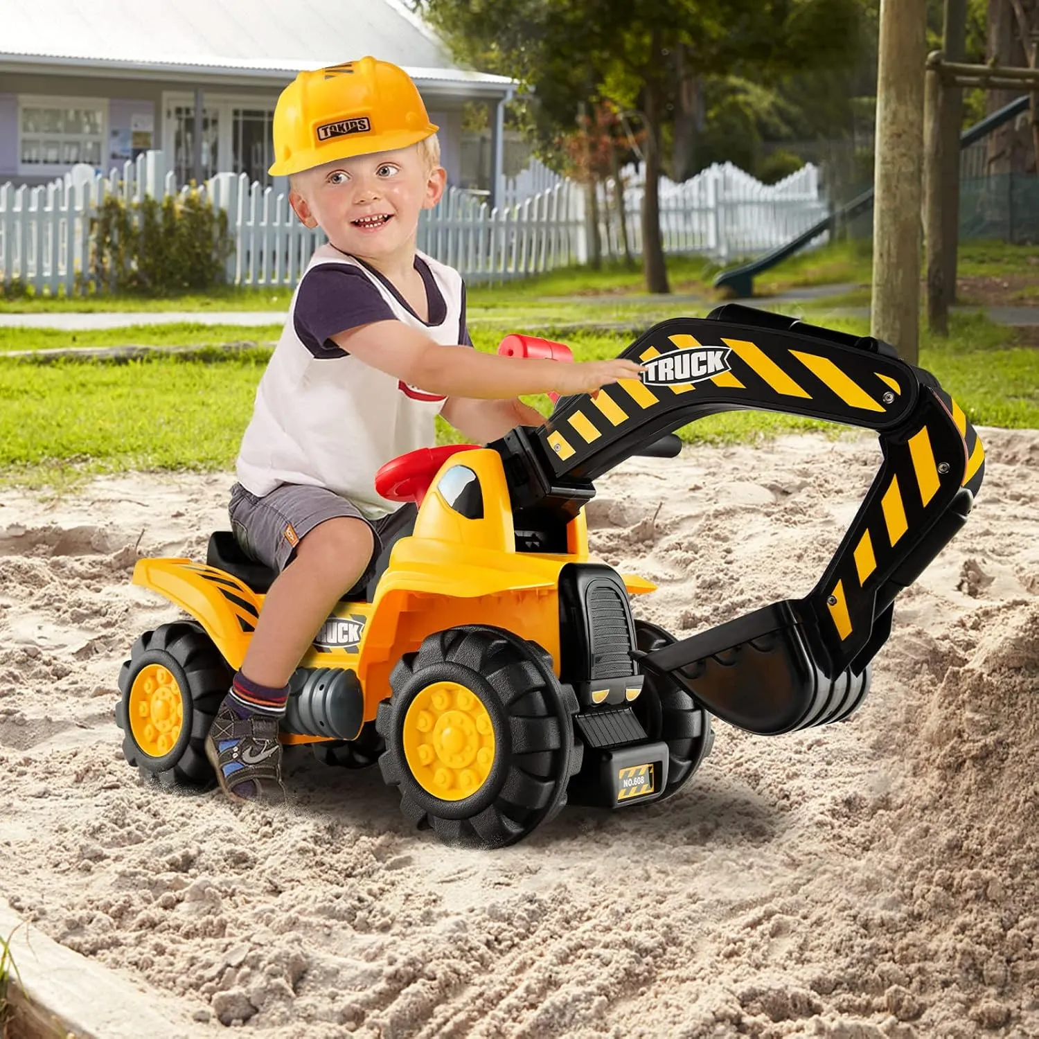 Costzon Ride on Excavator, Kids Excavator Digger Bulldozer W/Safety Helmet, 3 Rocks, Horn, Under-seat Storage, Construction Vehicles for Kids, Ride on Toys for Boys Girls Toddlers