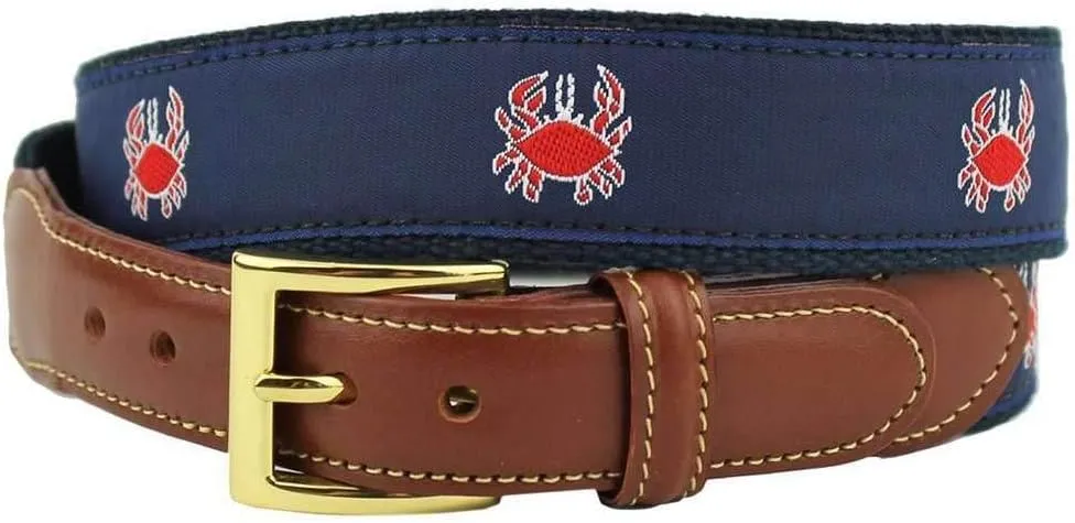 COUNTRY CLUB PREP Feeling Crabby Leather Tab Belt in Navy on Navy Canvas