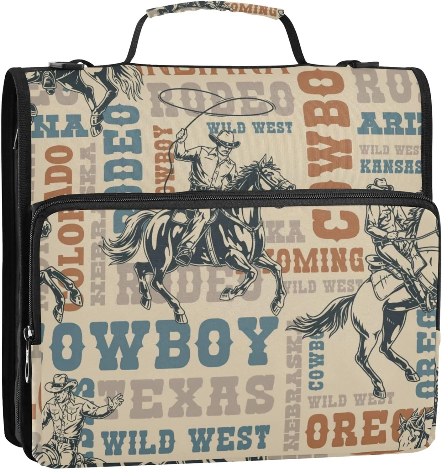 Cowboy Rider Horse Vintage Zipper Binder, 1.5 inch 3 Ring Binder Organizer Bag with Shoulder Strap and Handle, Multi-Pocket, 500 Sheet Capacity