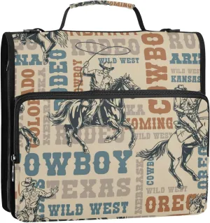 Cowboy Rider Horse Vintage Zipper Binder, 1.5 inch 3 Ring Binder Organizer Bag with Shoulder Strap and Handle, Multi-Pocket, 500 Sheet Capacity