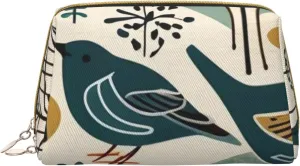 Cozy Sparrow Print Small Leather Makeup Bag for Women, Travel Cosmetic Bag with Zipper, Toiletries, Purse, Gift