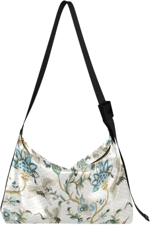 Crossbody Bag for Women Men Trendy Japanese Crane Bird Leather Casual Hobo Shoulder Bags Purses with Adjustable Strap Floral Oriental Ethnic Fashion Large Sling Handbag