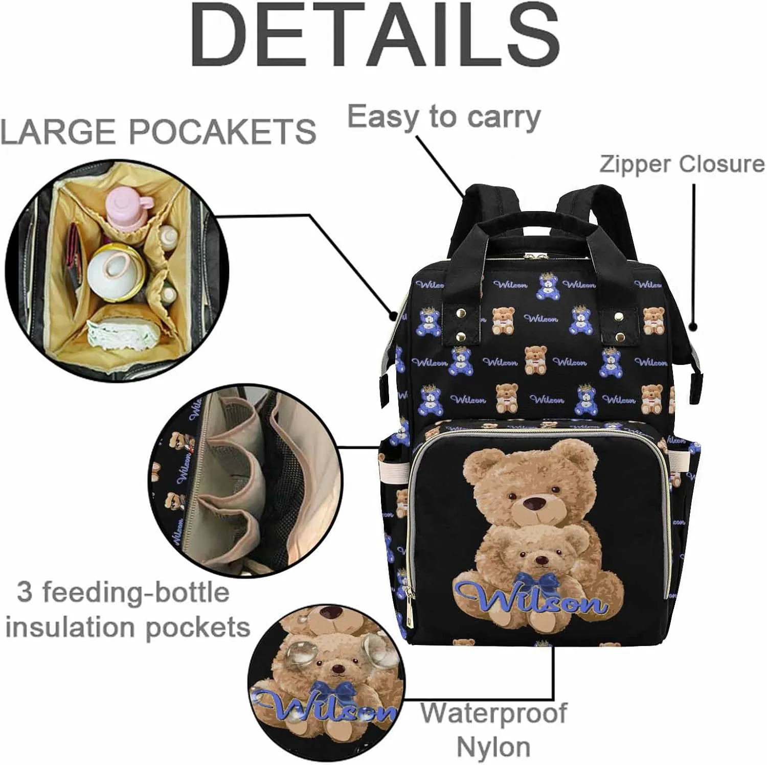 Custom Bear Diaper Bag Backpack for Baby Boy, Personalized Name Cute Cartoon Large Nappy Nursing Orangizer Mommy Bags, Waterproof Travel Daypack for Dad Mom Gifts