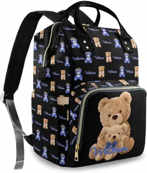 Custom Bear Diaper Bag Backpack for Baby Boy, Personalized Name Cute Cartoon Large Nappy Nursing Orangizer Mommy Bags, Waterproof Travel Daypack for Dad Mom Gifts