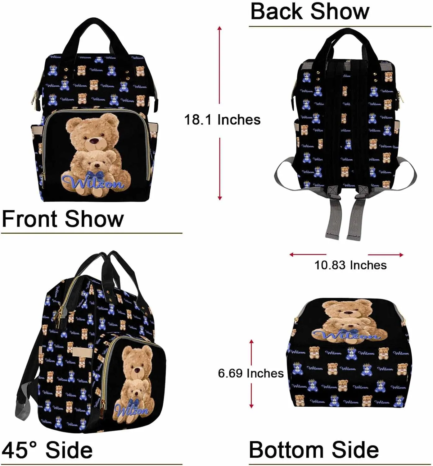 Custom Bear Diaper Bag Backpack for Baby Boy, Personalized Name Cute Cartoon Large Nappy Nursing Orangizer Mommy Bags, Waterproof Travel Daypack for Dad Mom Gifts