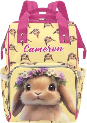 Custom Name Waterproof Mommy Backpack, Personalized Diaper Bag, Multifunctional Large Capacity, Rabbit Pattern, Stylish and Practical Mommy Bag