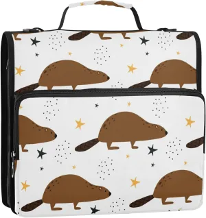 Cute Beaver Stars Zipper Binder, 1.5 inch 3 Ring Binder Organizer Bag with Shoulder Strap and Handle, 500 Sheet Capacity