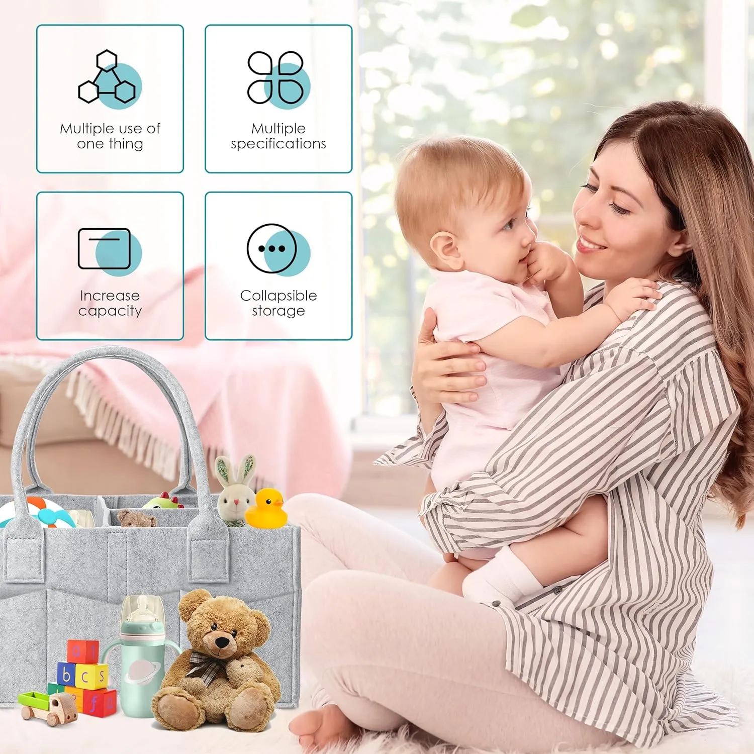 Cute Castle 2 Pack Diaper Caddy Organizer - Portable Baby Caddy Organizer with Handle, Nursery Storage Bin and Car Organizer - Grey