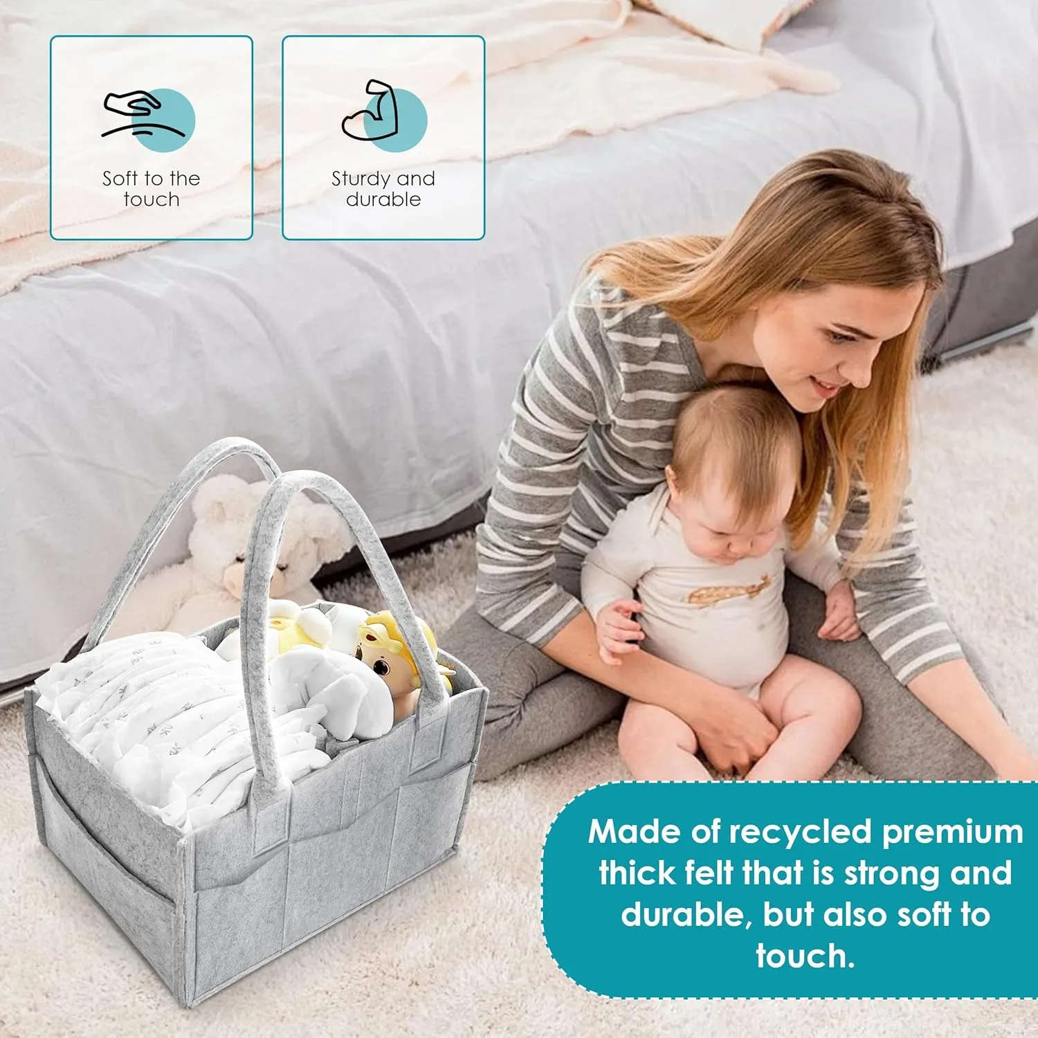 Cute Castle 2 Pack Diaper Caddy Organizer - Portable Baby Caddy Organizer with Handle, Nursery Storage Bin and Car Organizer - Grey