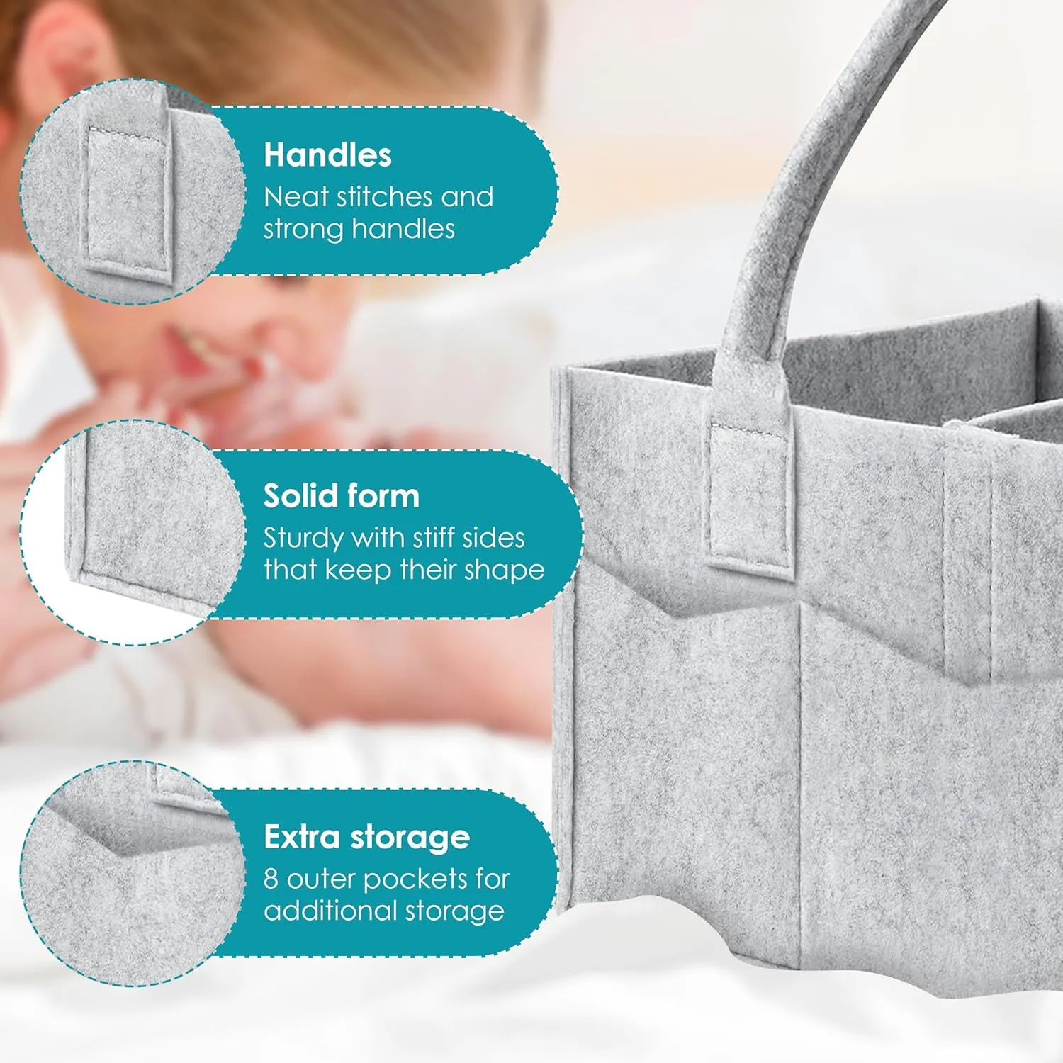 Cute Castle 2 Pack Diaper Caddy Organizer - Portable Baby Caddy Organizer with Handle, Nursery Storage Bin and Car Organizer - Grey