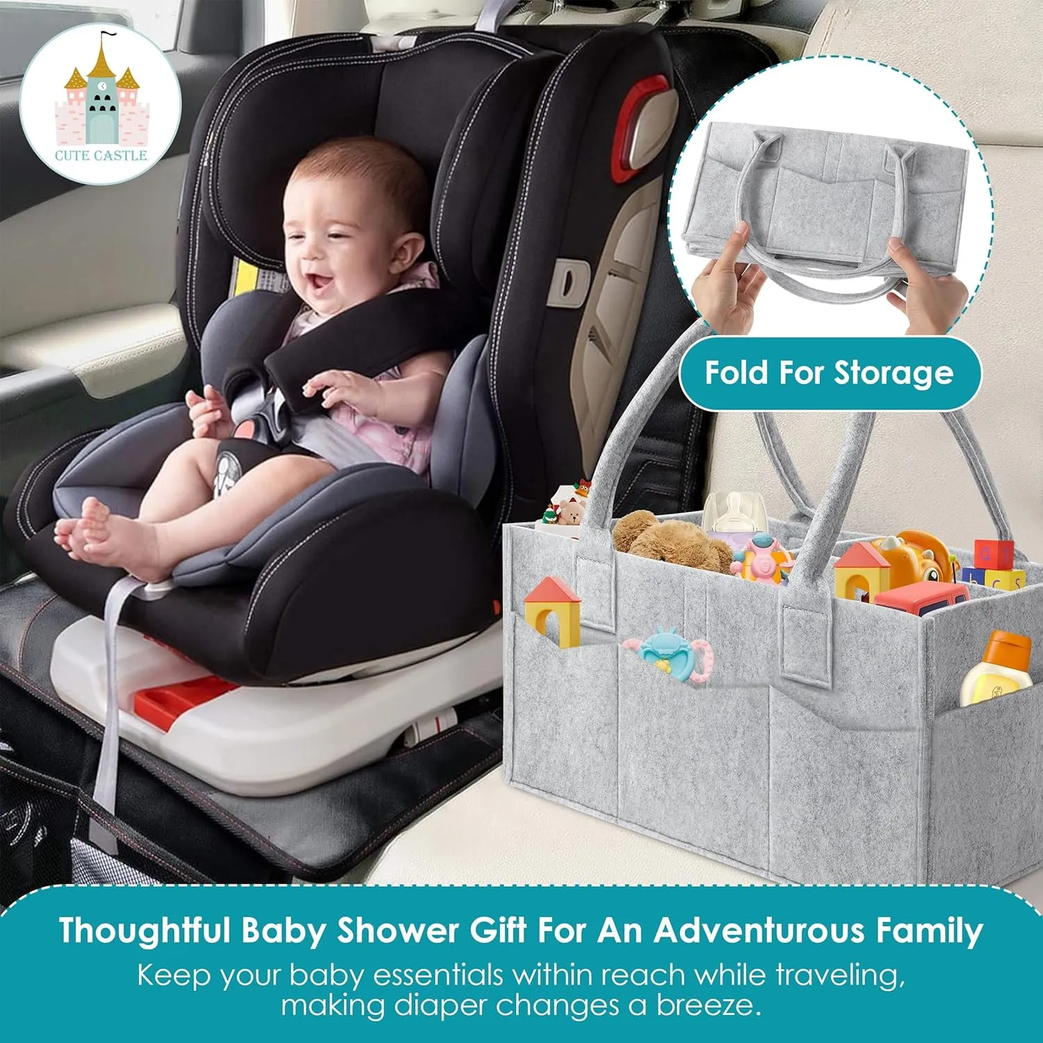 Cute Castle 2 Pack Diaper Caddy Organizer - Portable Baby Caddy Organizer with Handle, Nursery Storage Bin and Car Organizer - Grey