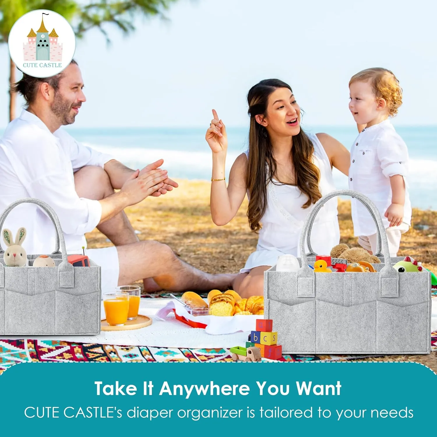 Cute Castle 2 Pack Diaper Caddy Organizer - Portable Baby Caddy Organizer with Handle, Nursery Storage Bin and Car Organizer - Grey
