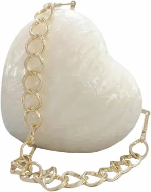 Cute Heart Shape Acrylic Clutch Trendy Pearl Chain Love Heart Handbag Marble Acrylic Evening Bag Chain Purse