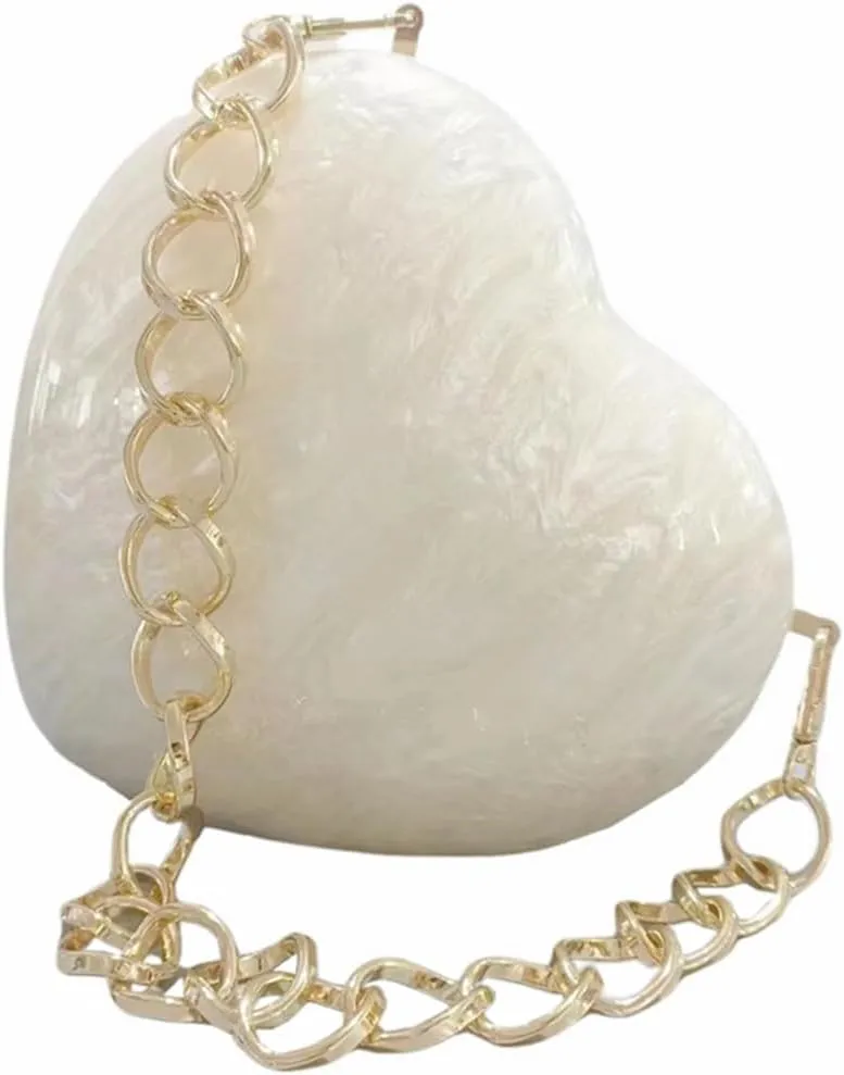 Cute Heart Shape Acrylic Clutch Trendy Pearl Chain Love Heart Handbag Marble Acrylic Evening Bag Chain Purse