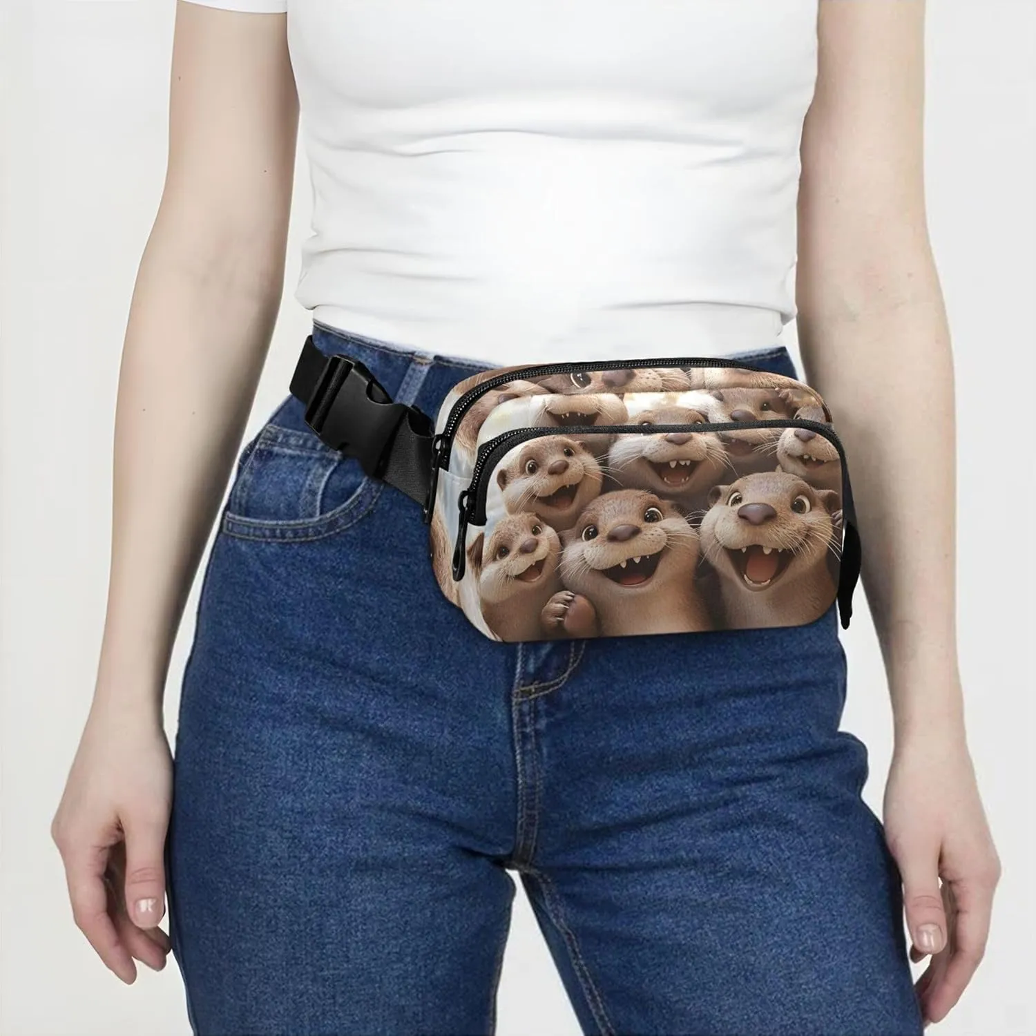 Cute Otters Funny Animal Fanny Packs for Women Hip Bag Belt Purse Waterproof Flower Waist Pouch for Women