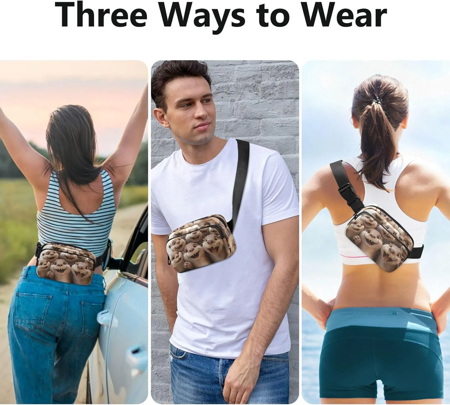 Cute Otters Funny Animal Fanny Packs for Women Hip Bag Belt Purse Waterproof Flower Waist Pouch for Women