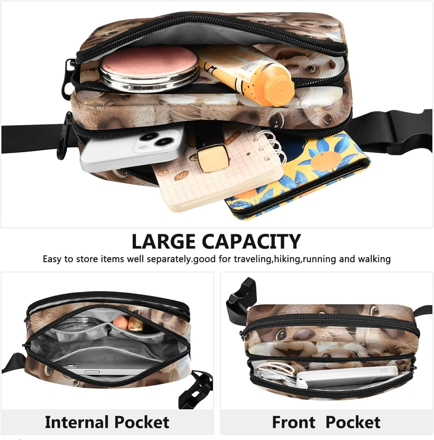 Cute Otters Funny Animal Fanny Packs for Women Hip Bag Belt Purse Waterproof Flower Waist Pouch for Women