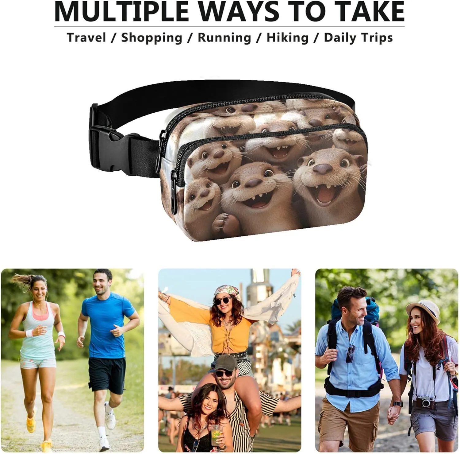 Cute Otters Funny Animal Fanny Packs for Women Hip Bag Belt Purse Waterproof Flower Waist Pouch for Women
