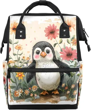Cute Penguin Flower Watercolour Diaper Bag Mommy Bags With Adjustable Shoulder Strap Waterproof Multifunction Shoulder Bag Travel Large Capacity Backpack for Moms And Dads
