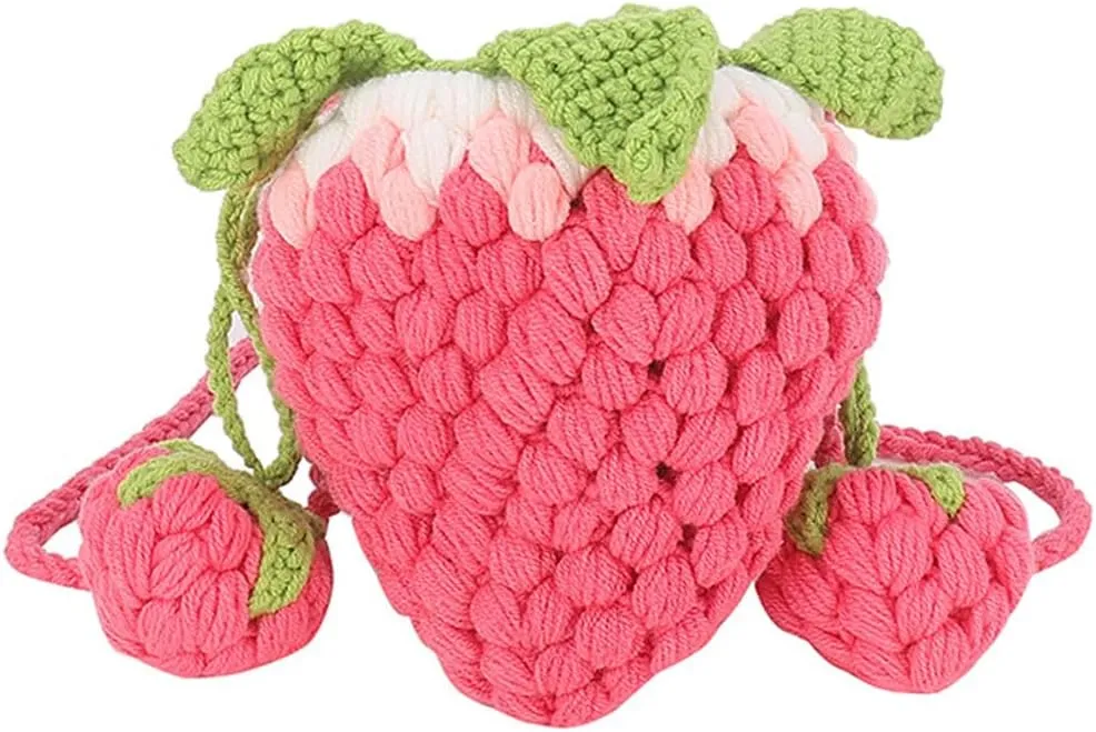 Cute Strawberry Shape Knitted Purse Shoulder Crossbody Bag Small Storage Bag Handbag Clutch Fruit Shaped Wallet Gifts