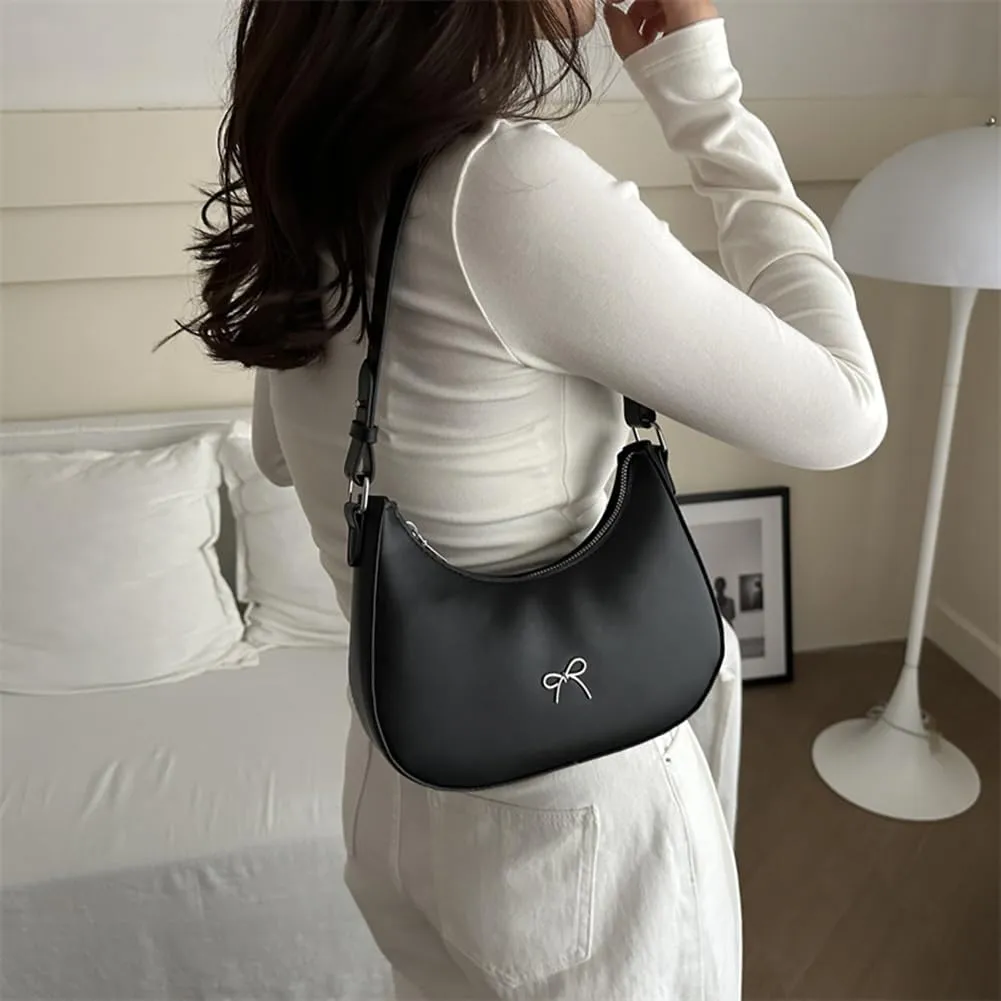 Cute Y2K Small Crescent Shoulder Bag for Women - Retro Chic Clutch Tote Handbag with Bow - White