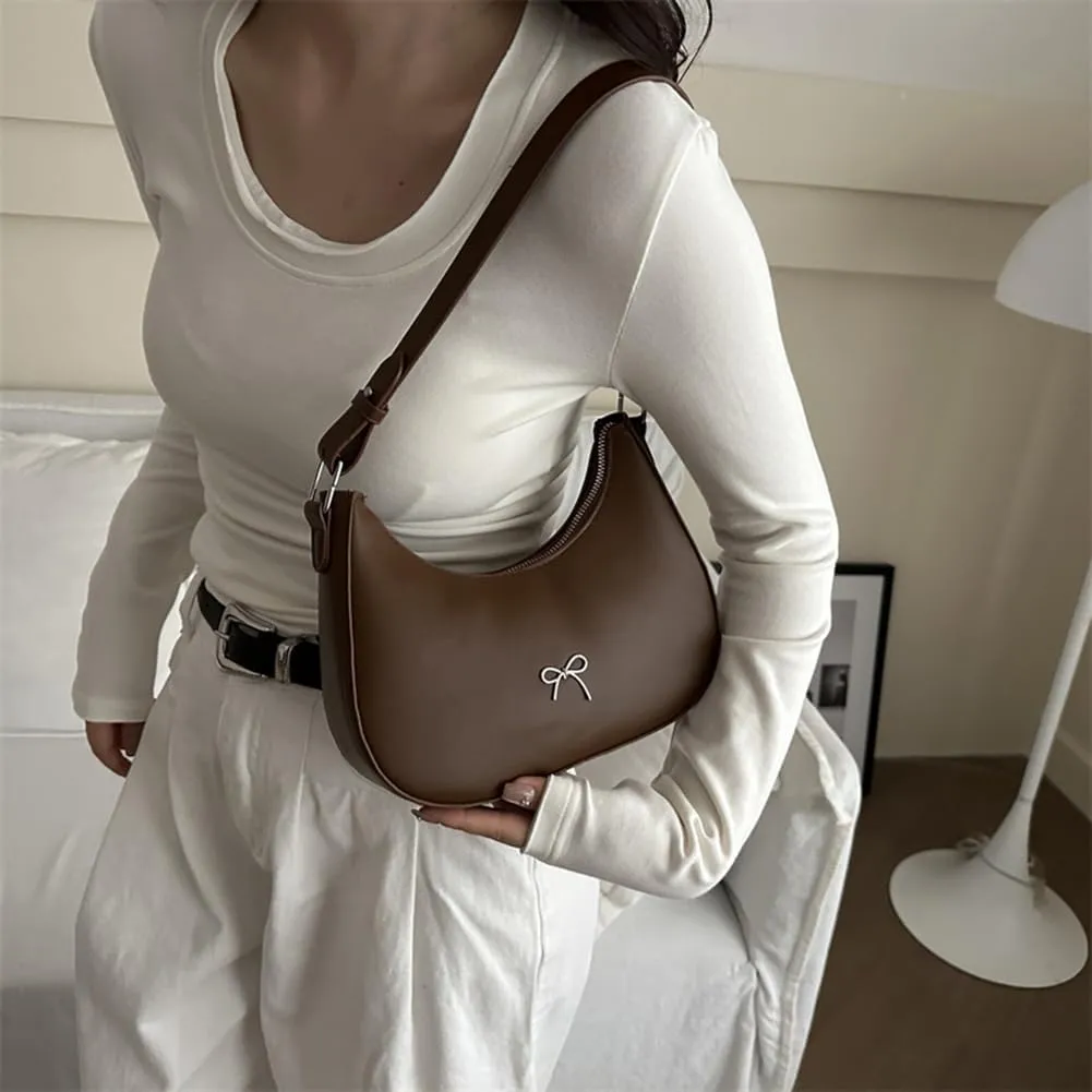 Cute Y2K Small Crescent Shoulder Bag for Women - Retro Chic Clutch Tote Handbag with Bow - White