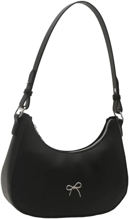 Cute Y2K Small Crescent Shoulder Bag for Women - Retro Chic Clutch Tote Handbag with Bow - White