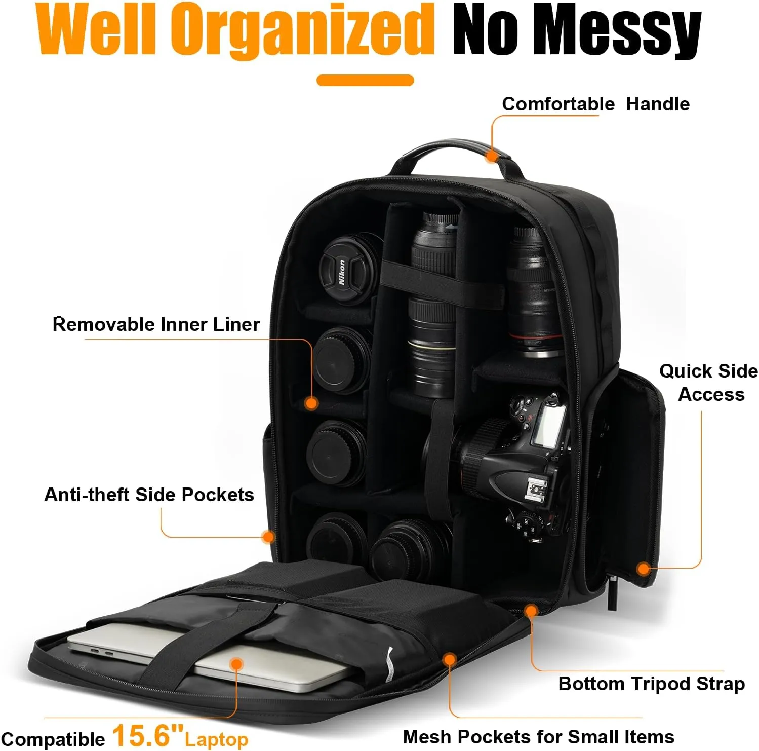 Cwatcun Camera Backpack, DSLR/SLR/Mirrorless Camera Bag for Photographers, Waterproof Leather Coating Camera Case with Tripod Holder&Laptop Compatible with Canon/Nikon/Sony/Fuji