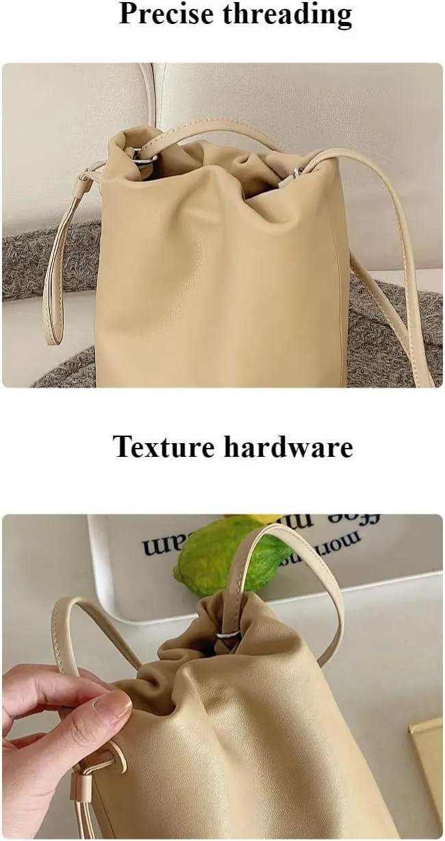 Cylindrical Soft Leather Bucket Bag Handbag Women Drawstring Small Shoulder Armpit Bag Cute Chic Stylish Versatile