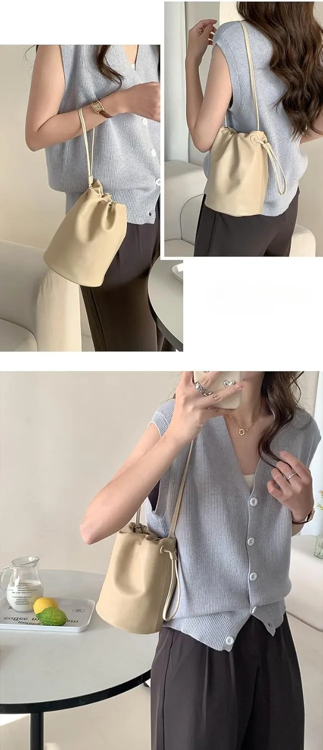 Cylindrical Soft Leather Bucket Bag Handbag Women Drawstring Small Shoulder Armpit Bag Cute Chic Stylish Versatile