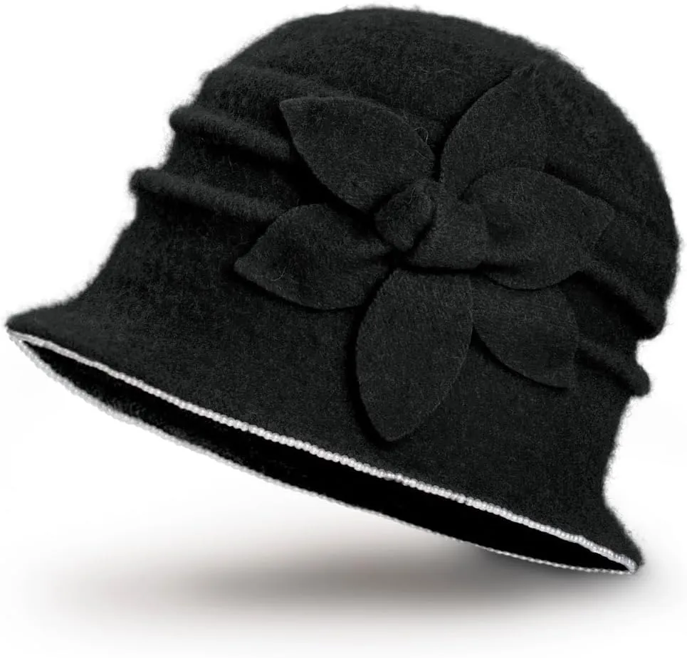 Dahlia Women's Winter Hat - Wool Vintage Cloche/Bucket Hat, Daisy Flower