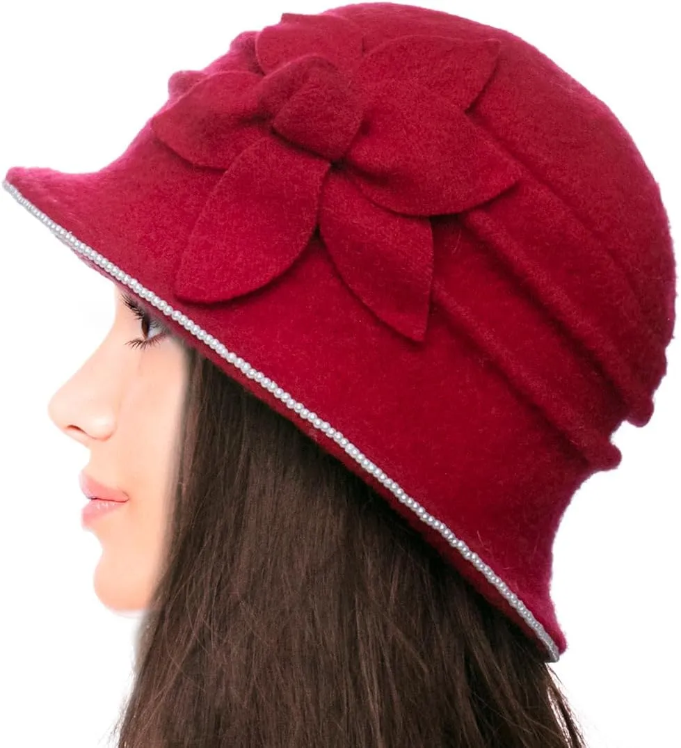 Dahlia Women's Winter Hat - Wool Vintage Cloche/Bucket Hat, Daisy Flower