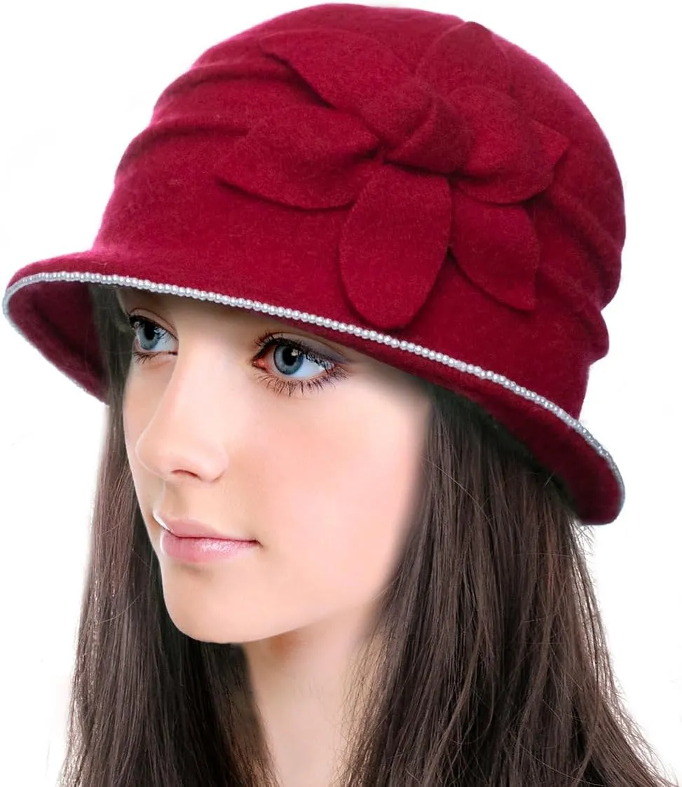 Dahlia Women's Winter Hat - Wool Vintage Cloche/Bucket Hat, Daisy Flower