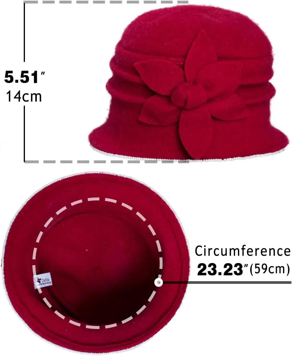 Dahlia Women's Winter Hat - Wool Vintage Cloche/Bucket Hat, Daisy Flower