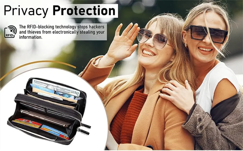Daisy Rose Dual Zipper Phone Clutch and Wallet for Women - RFID Blocking, PU Vegan Leather Multi-Card Organizer